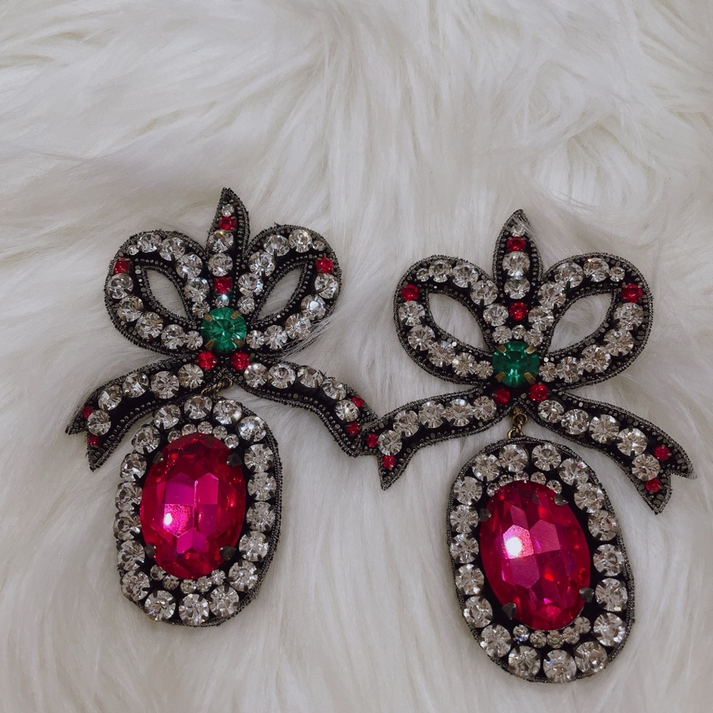 Gucci Pink and Green Crystal Bow Drop Earrings